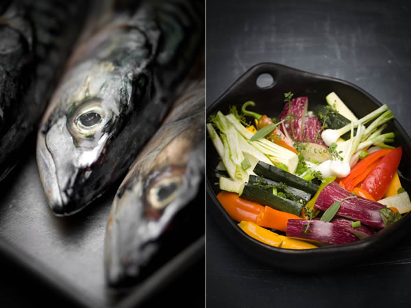 Photographie culinaire maquereaux et légumes grillés