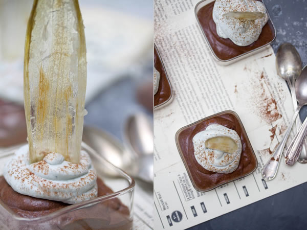 Photographie culinaire mousse au chocolat, chantilly au roquefort et cristalline d'endive