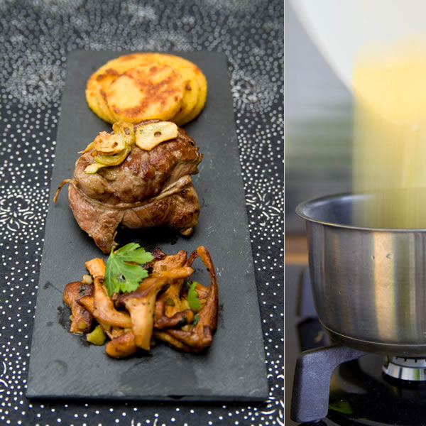 Photographie culinaire pavé d'agneau grillé, ail, girolles et polenta