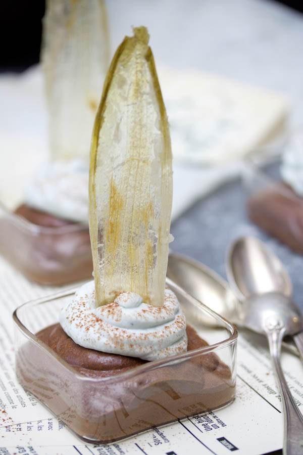 Photographie culinaire mousse au chocolat, chantilly au roquefort et cristalline d'endive