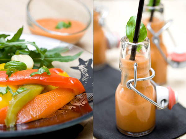 Photographie culinaire poivrons confits et gaspacho tomate-fraise