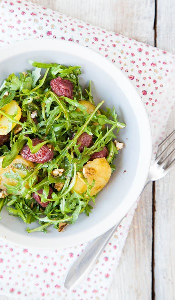 salade de gésiers, pomme de terre et noix, vinaigrette au vinaigre de tomate