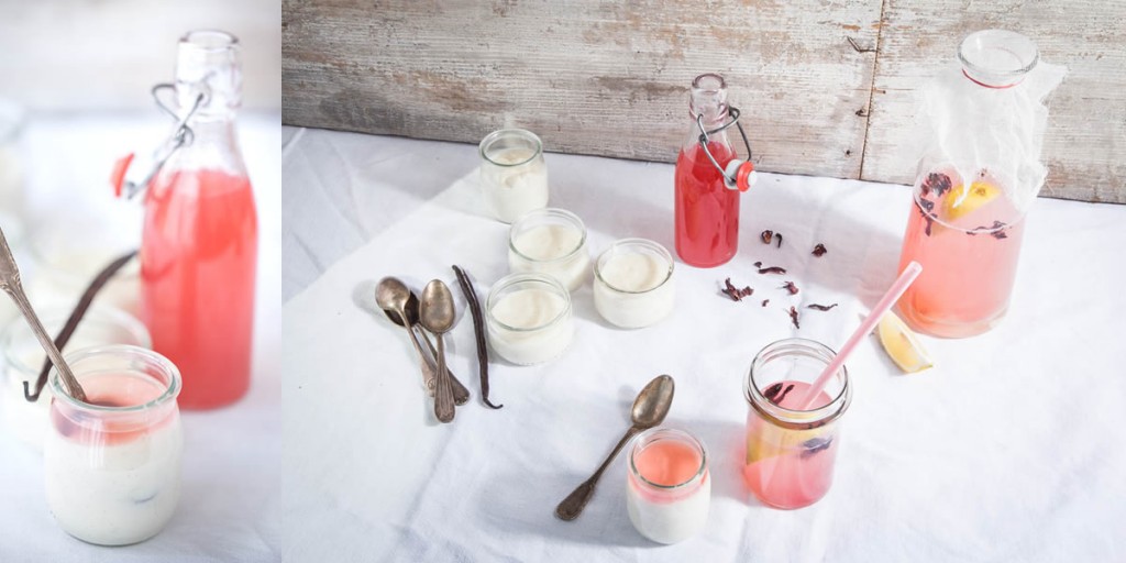 photographie culinaire : sirop de rhubarbe aux fleurs d'hibiscus