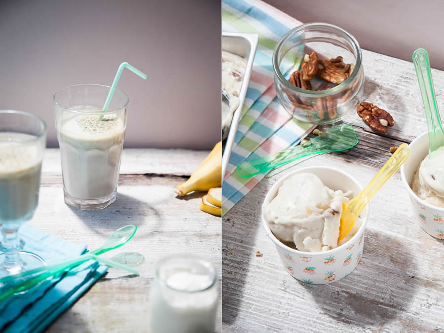 photographie culinaire recette smoothie banane thé vert et glace banane noix de pécan